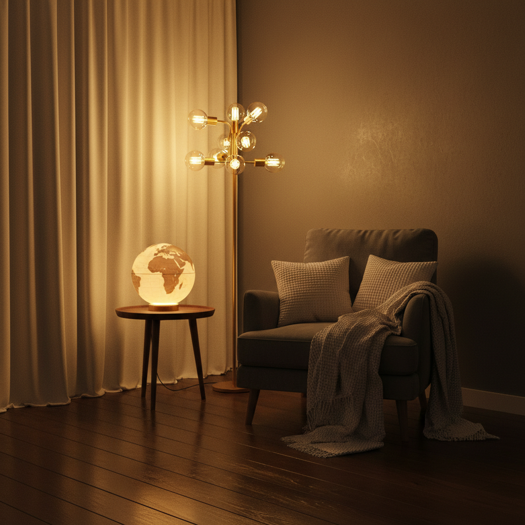 Coin lecture cosy avec lampe globe et ampoules Édison